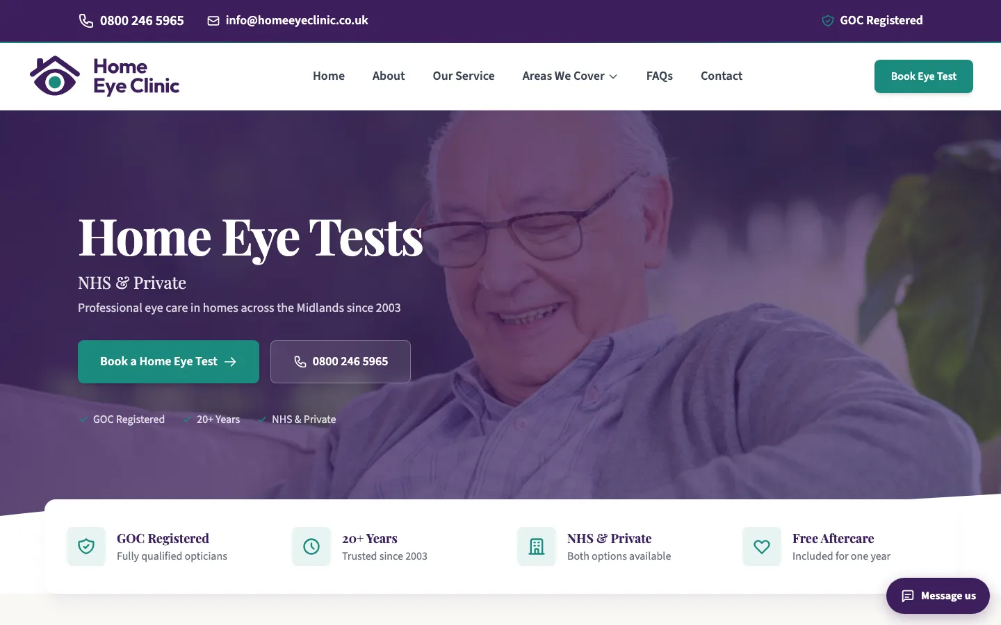 Home Eye Clinic homepage: 'Home Eye Tests, NHS and Private' over a photo of an older man smiling, with Book a Home Eye Test and phone buttons.
